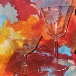 Set of 8: 6 Vintage Etched Champagne Glasses and 2 Flutes Sunflower and Wheat